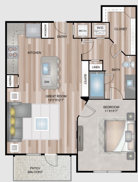A floor plan of a home with a kitchen, bathroom, and bedroom.